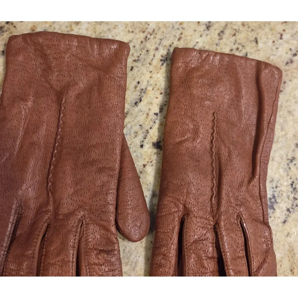Vintage Womens Size L Brown Leather Knit Lined Gloves Perferated